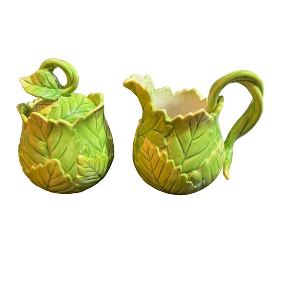Vintage Fitz And Floyd Leaf-Shaped Creamer & Sugar Bowl Set - Picture 1 of 11